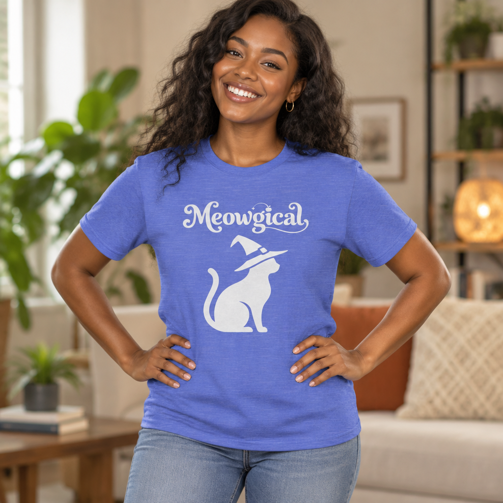 Meowgical Witch Cat T-Shirt | White Cat Silhouette Wearing A Witch's Hat | Ideal For Halloween or Any White Witches Out There Looking To Bring Some Magical Fun To Your Casual Wear | Shipped USA