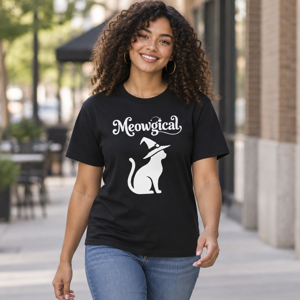Meowgical Witch Cat T-Shirt | White Cat Silhouette Wearing A Witch's Hat | Ideal For Halloween or Any White Witches Out There Looking To Bring Some Magical Fun To Your Casual Wear | Shipped USA