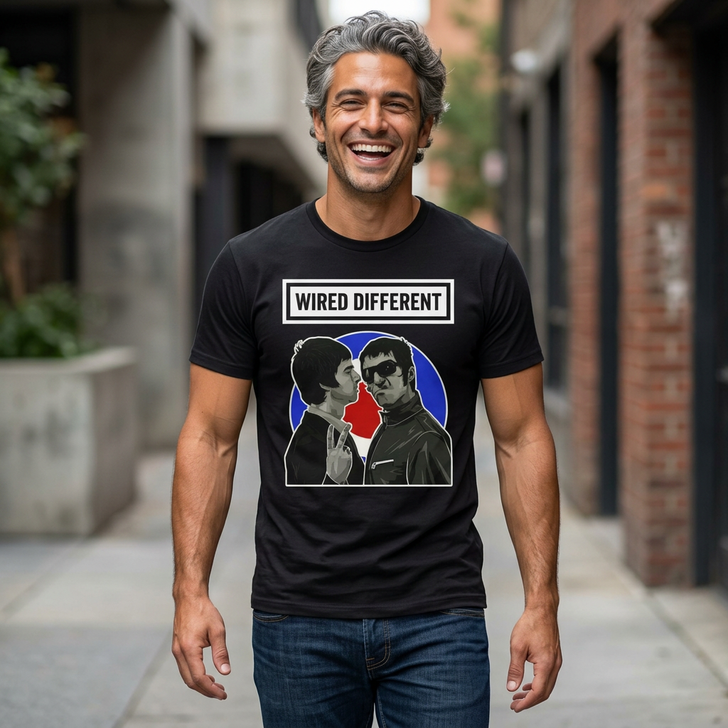 The Gallagher Brothers T-Shirt | Retro British Rock Band / Britpop Portrait Tee | Indie / MOD Inspired | Wired Different™ Slogan T-Shirt - Black | Shipped USA