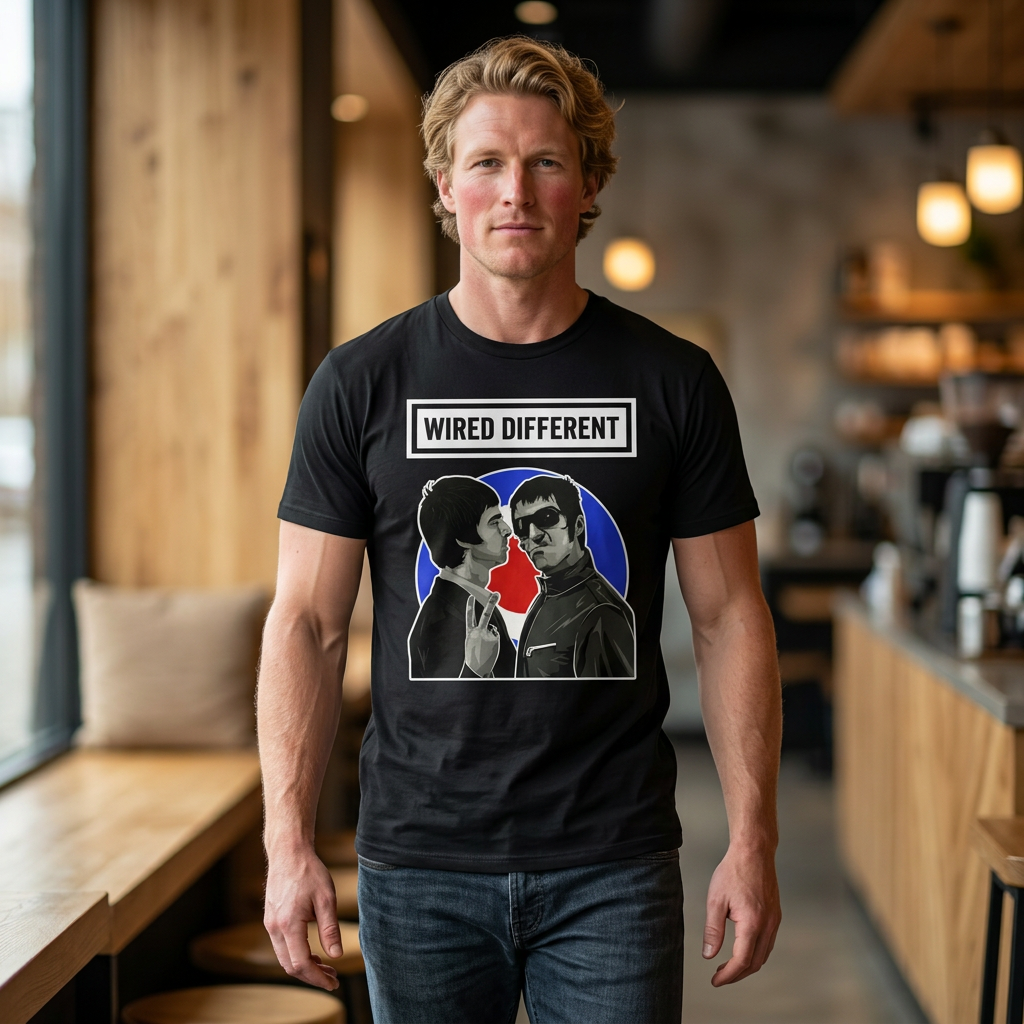 The Gallagher Brothers T-Shirt | Retro British Rock Band / Britpop Portrait Tee | Indie / MOD Inspired | Wired Different™ Slogan T-Shirt - Black | Shipped USA