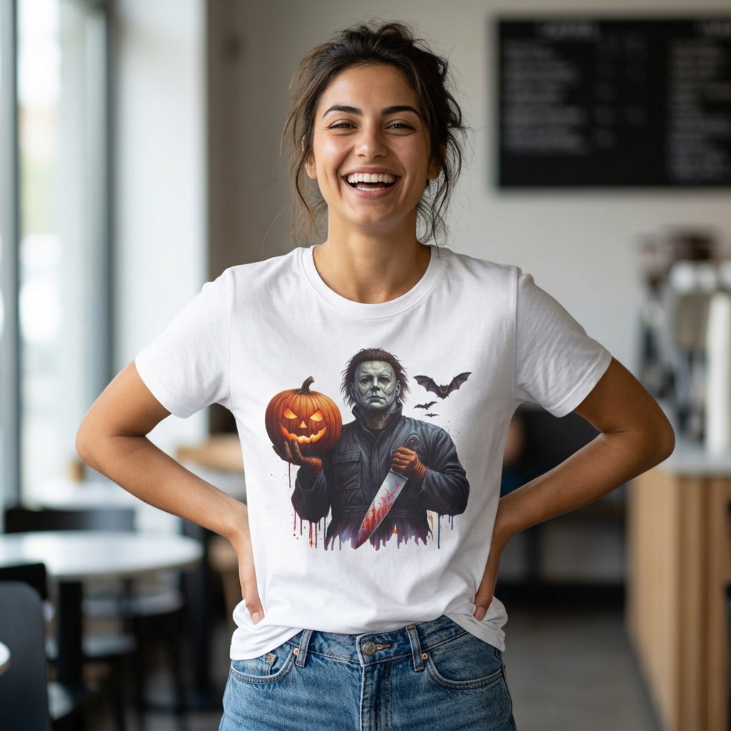 Michael Myers Halloween Pumpkin T-Shirt | Iconic Slasher Tee | Pumpkin "Jack O' Lantern" & Knife Horror T Shirt | Horror Movie Inspired Apparel | Shipped USA