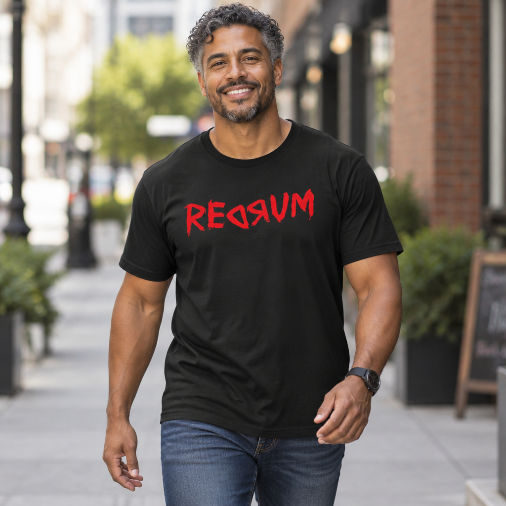 REDRUM Graphic T-Shirt  | Tee Inspired by The Shining mirror scene | T Shirt For Psychological Horror Fans | Fans of Supernatural Horror and People with A Dark Sense of Humour | Ideal for Halloween or Everyday Casual Wear | Shipped UK