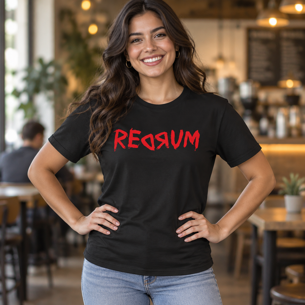 REDRUM Graphic T-Shirt  | Tee Inspired by The Shining mirror scene | T Shirt For Psychological Horror Fans | Fans of Supernatural Horror and People with A Dark Sense of Humour | Shipped USA