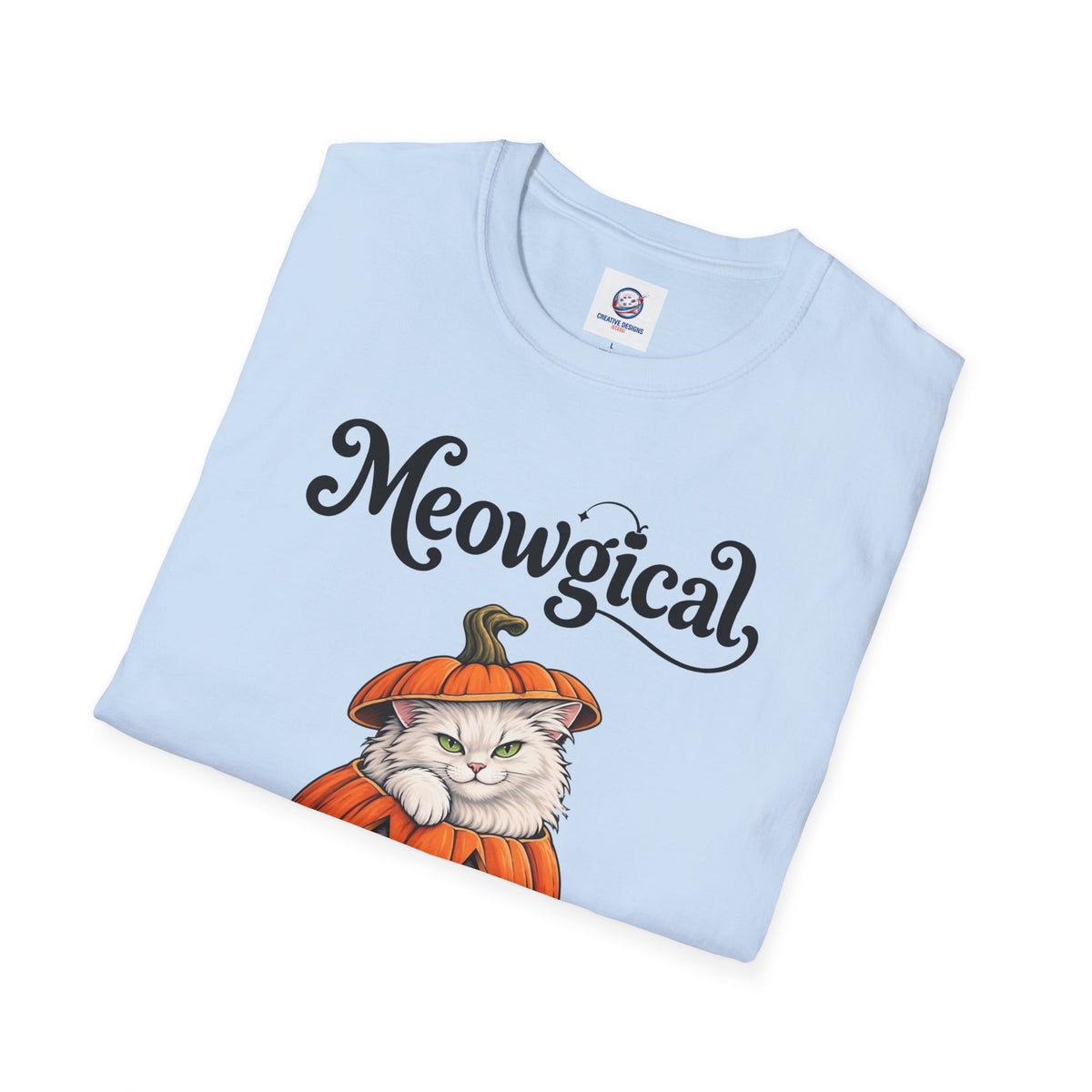 Meowgical Fluffy White Cat - Halloween Jack O'Lantern Pumpkin T-Shirt | White Cat Sitting Inside Pumpkin Halloween Tee | Casual Halloween T Shirt Gift For Her | Shipped UK