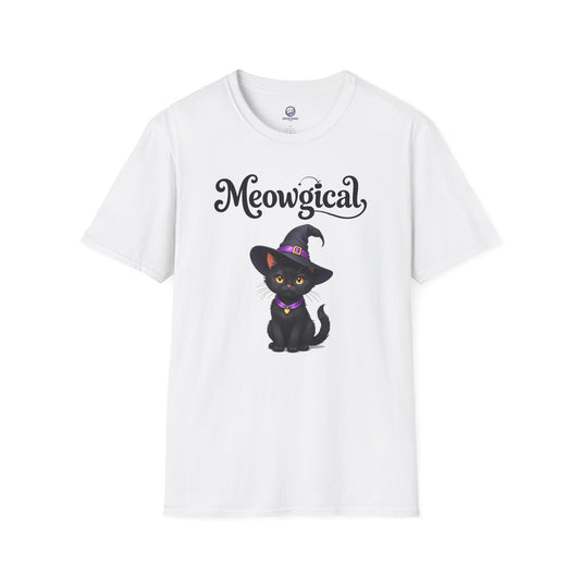 Meowgical Black Cat Wearing A Witch's Hat T-Shirt | Black Cat Portrait Tee | White Witch Cat Magical Cat T Shirt | For Halloween & Everyday Casual Fun | Shipped USA