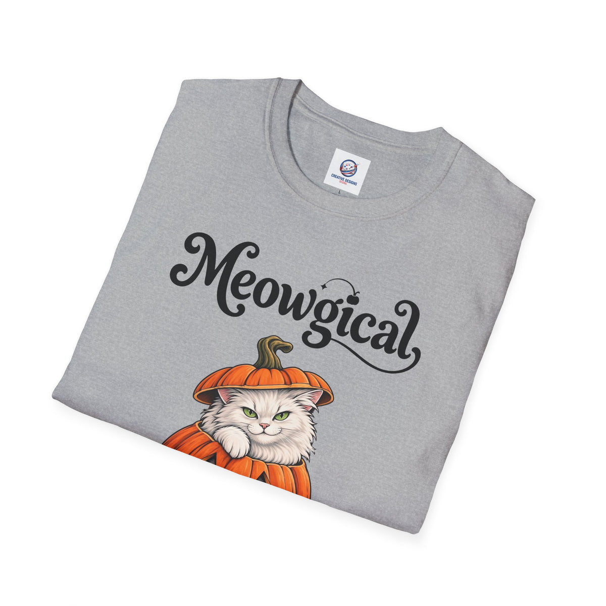 Meowgical Fluffy White Cat - Halloween Jack O'Lantern Pumpkin T-Shirt | White Cat Sitting Inside Pumpkin Halloween Tee | Casual Halloween T Shirt Gift For Her | Shipped UK