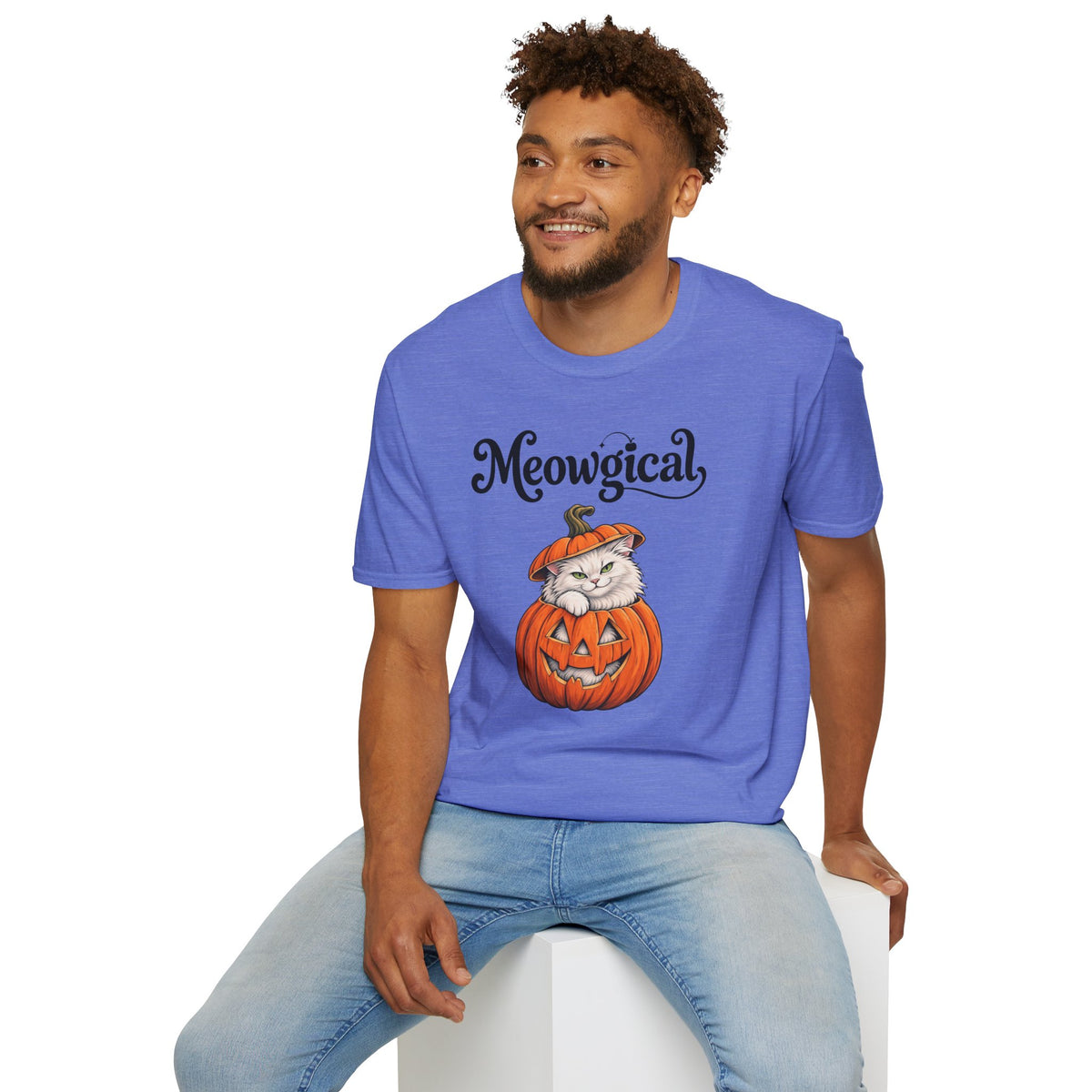 Meowgical Fluffy White Cat - Halloween Jack O'Lantern Pumpkin T-Shirt | White Cat Sitting Inside Pumpkin Halloween Tee | Casual Halloween T Shirt Gift For Her | Shipped USA