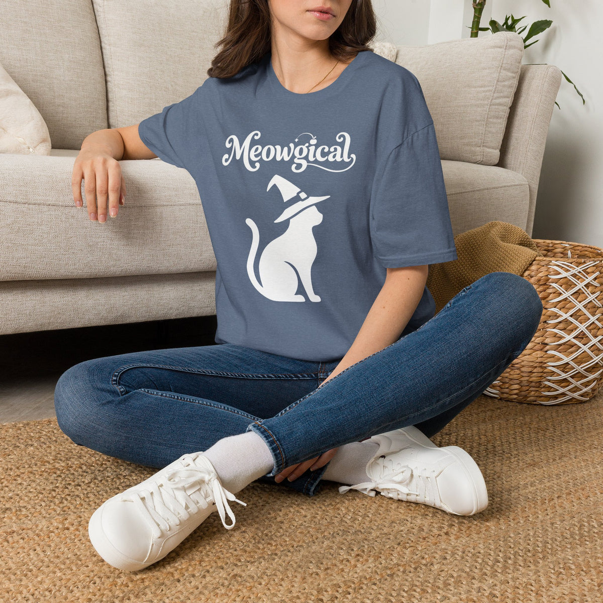 Meowgical Witch Cat T-Shirt | White Cat Silhouette Wearing A Witch's Hat | Ideal For Halloween or Any White Witches Out There Looking To Bring Some Magical Fun To Your Casual Wear | Shipped USA