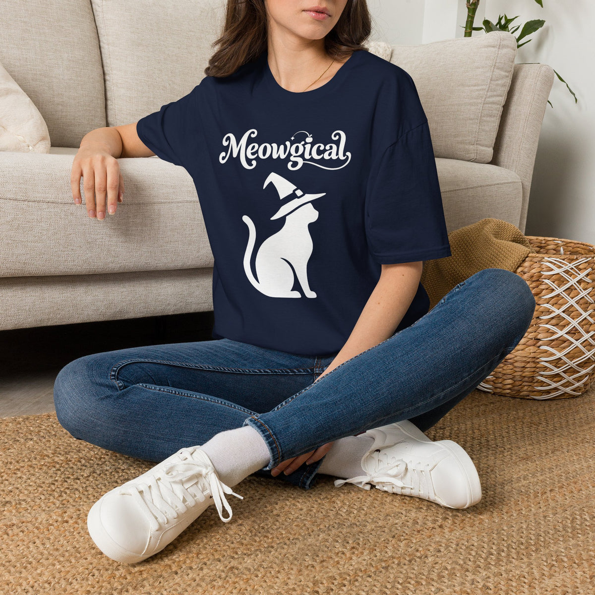 Meowgical Witch Cat T-Shirt | White Cat Silhouette Wearing A Witch's Hat | Ideal For Halloween or Any White Witches Out There Looking To Bring Some Magical Fun To Your Casual Wear | Shipped UK