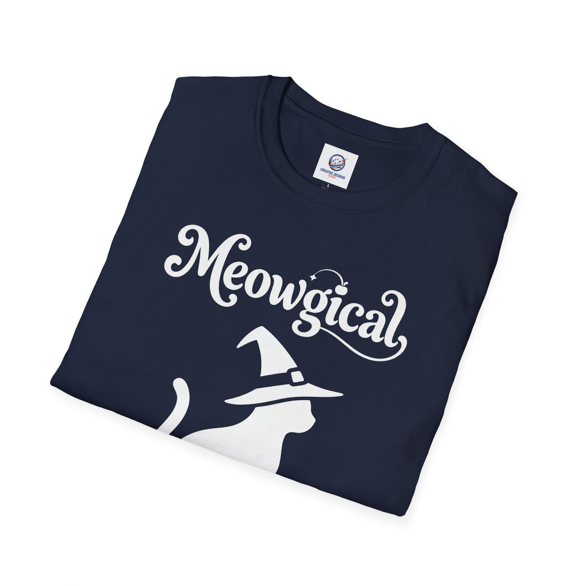 Meowgical Witch Cat T-Shirt | White Cat Silhouette Wearing A Witch's Hat | Ideal For Halloween or Any White Witches Out There Looking To Bring Some Magical Fun To Your Casual Wear | Shipped USA