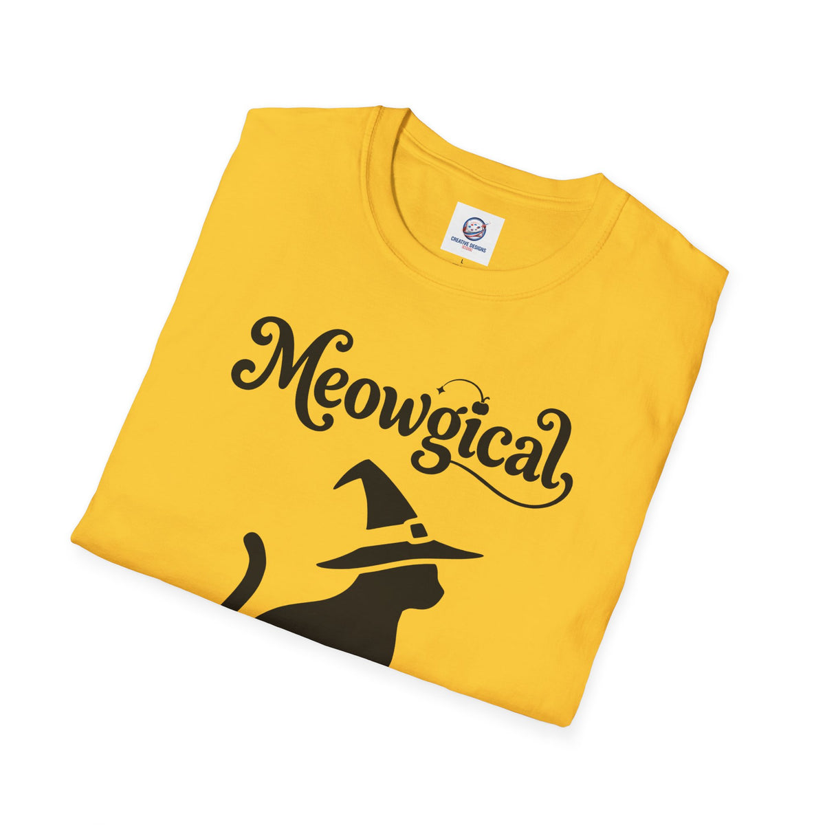 Meowgical Witch Cat T-Shirt | Black Cat Silhouette Wearing A Witch's Hat | Ideal For Halloween or Any White Witches Out There Looking To Bring Some Magical Fun To Your Casual Wear | Shipped USA