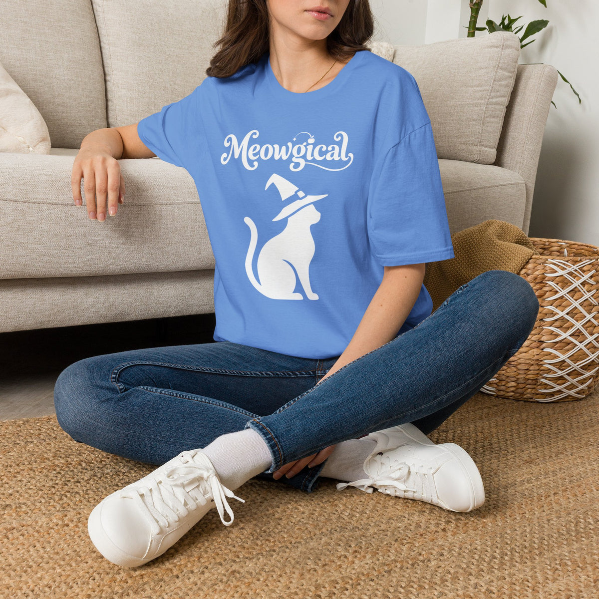 Meowgical Witch Cat T-Shirt | White Cat Silhouette Wearing A Witch's Hat | Ideal For Halloween or Any White Witches Out There Looking To Bring Some Magical Fun To Your Casual Wear | Shipped UK
