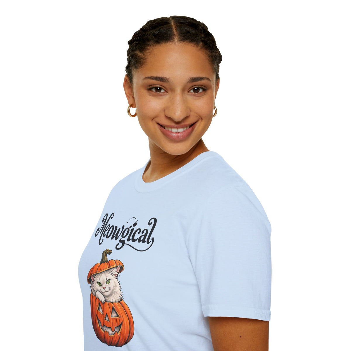 Meowgical Fluffy White Cat - Halloween Jack O'Lantern Pumpkin T-Shirt | White Cat Sitting Inside Pumpkin Halloween Tee | Casual Halloween T Shirt Gift For Her | Shipped USA