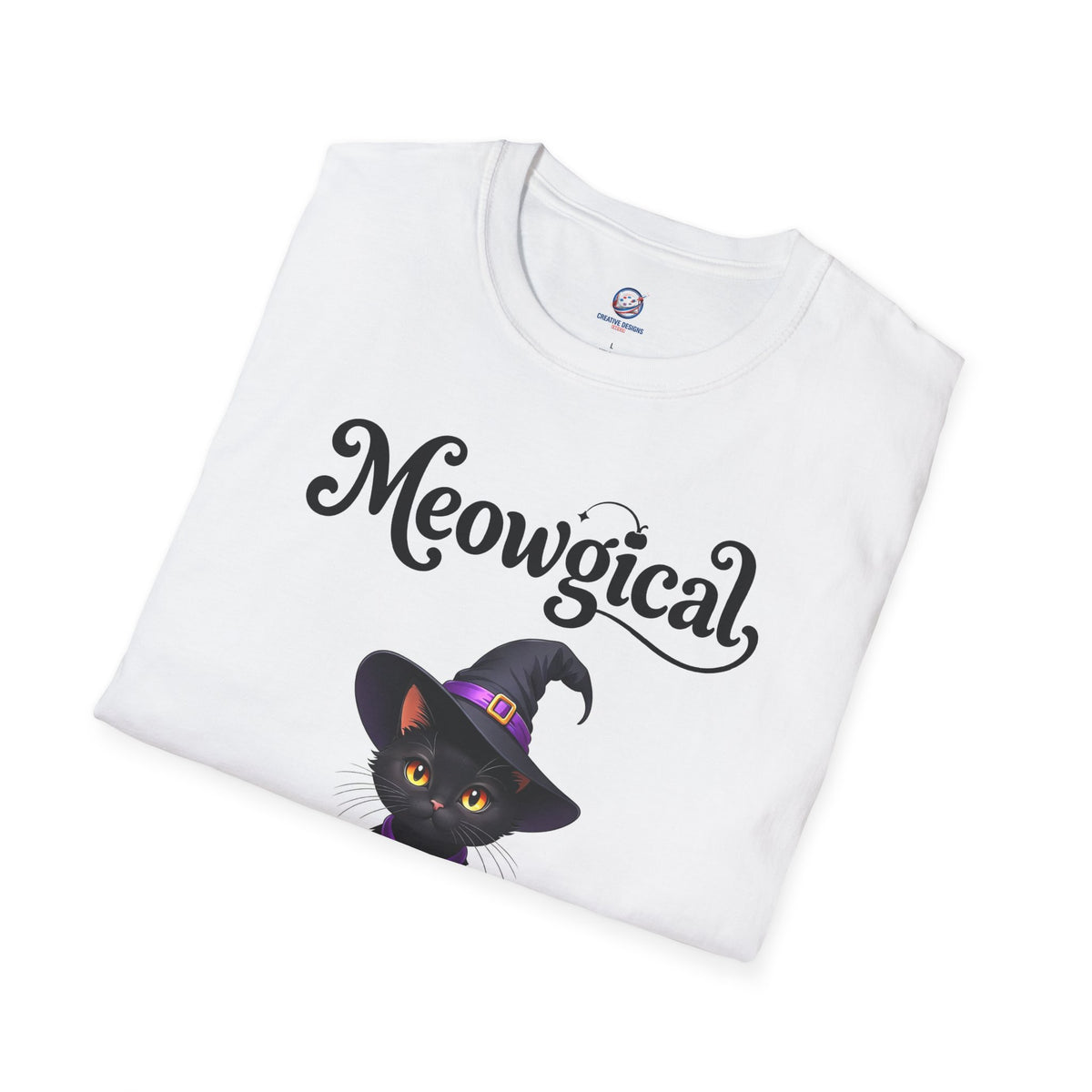 Meowgical Black Cat Wearing A Witch's Hat T-Shirt | Black Cat Portrait Tee | White Witch Cat Magical Cat T Shirt | For Halloween & Everyday Casual Fun | Shipped UK