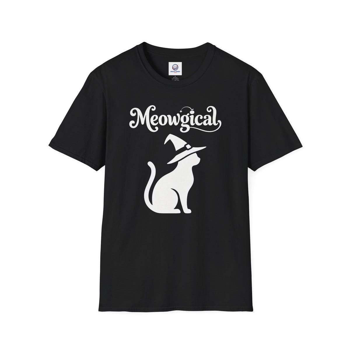 Meowgical Witch Cat T-Shirt | White Cat Silhouette Wearing A Witch's Hat | Ideal For Halloween or Any White Witches Out There Looking To Bring Some Magical Fun To Your Casual Wear | Shipped USA