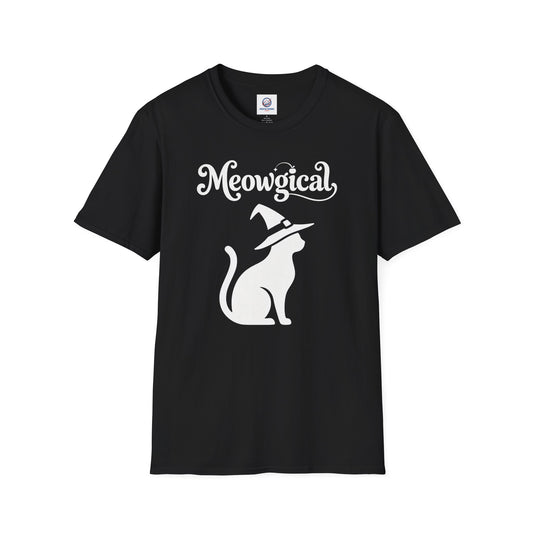 Meowgical Witch Cat T-Shirt | White Cat Silhouette Wearing A Witch's Hat | Ideal For Halloween or Any White Witches Out There Looking To Bring Some Magical Fun To Your Casual Wear | Shipped USA