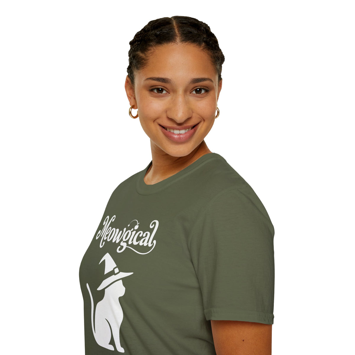 Meowgical Witch Cat T-Shirt | White Cat Silhouette Wearing A Witch's Hat | Ideal For Halloween or Any White Witches Out There Looking To Bring Some Magical Fun To Your Casual Wear | Shipped USA