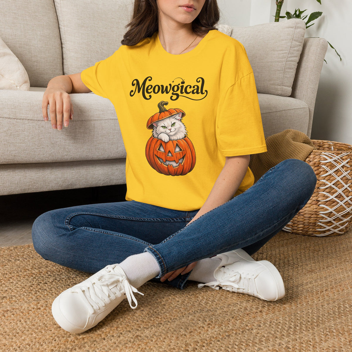 Meowgical Fluffy White Cat - Halloween Jack O'Lantern Pumpkin T-Shirt | White Cat Sitting Inside Pumpkin Halloween Tee | Casual Halloween T Shirt Gift For Her | Shipped USA