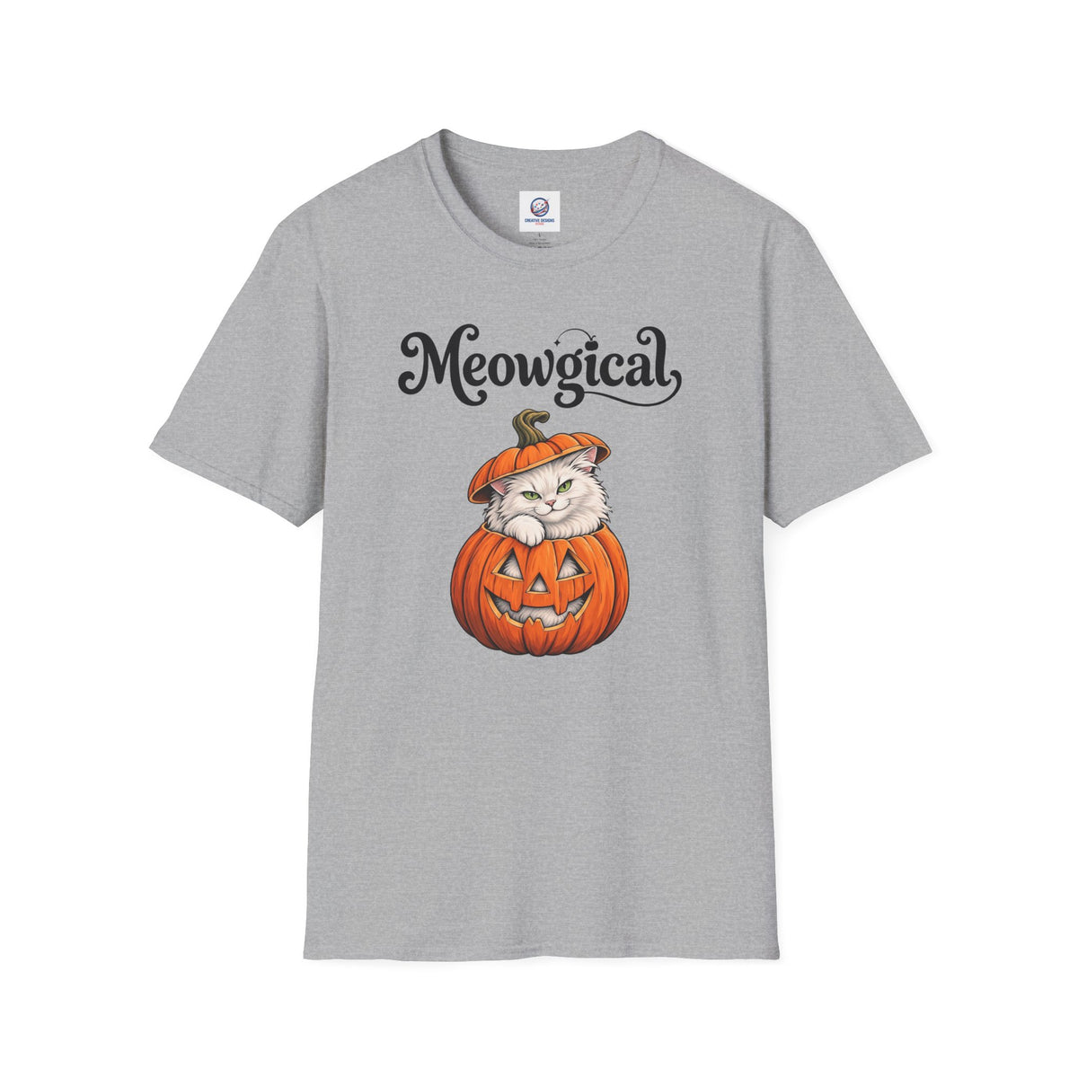 Meowgical Fluffy White Cat - Halloween Jack O'Lantern Pumpkin T-Shirt | White Cat Sitting Inside Pumpkin Halloween Tee | Casual Halloween T Shirt Gift For Her | Shipped USA