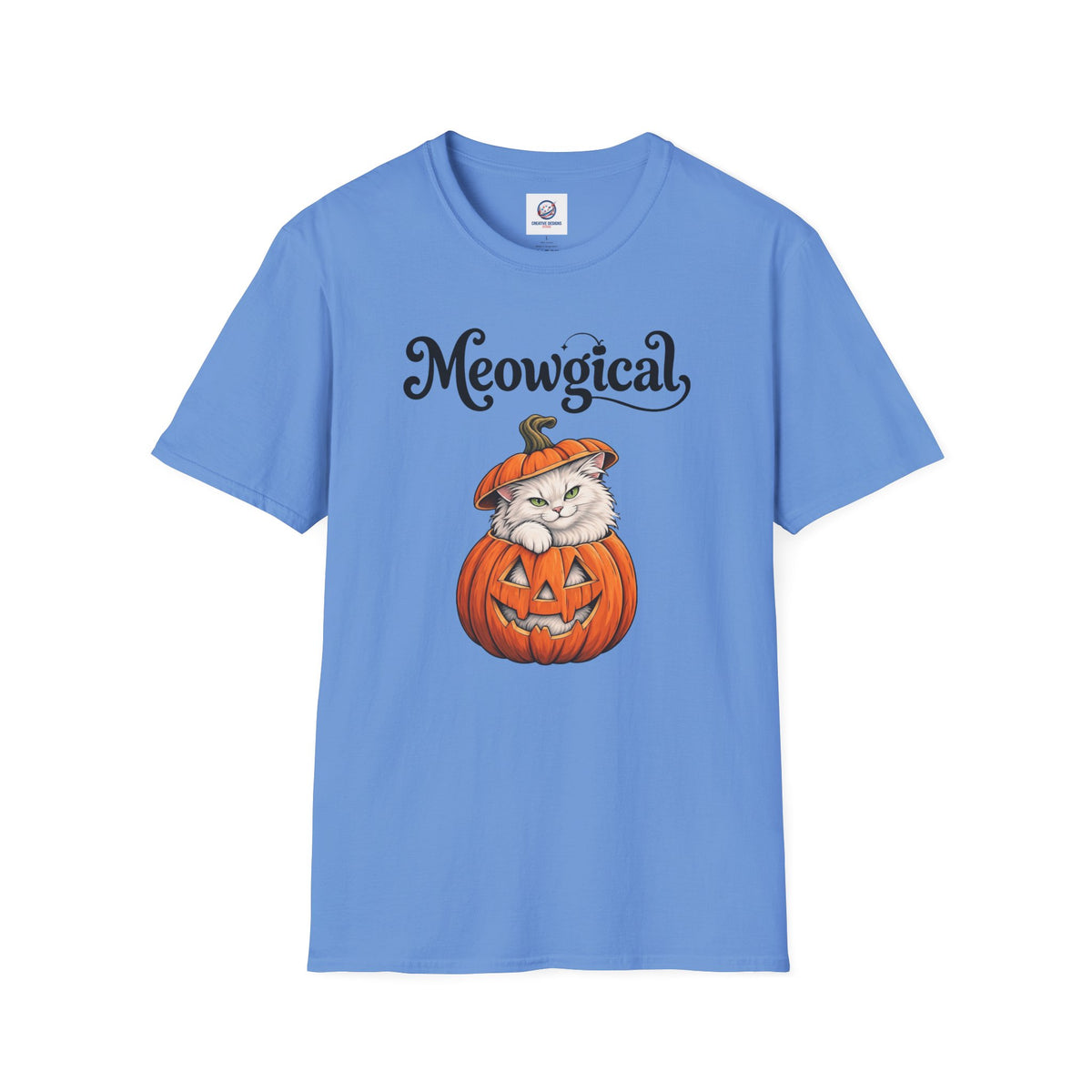 Meowgical Fluffy White Cat - Halloween Jack O'Lantern Pumpkin T-Shirt | White Cat Sitting Inside Pumpkin Halloween Tee | Casual Halloween T Shirt Gift For Her | Shipped UK