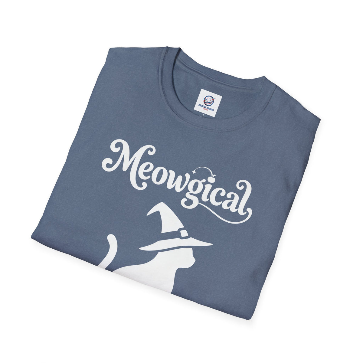 Meowgical Witch Cat T-Shirt | White Cat Silhouette Wearing A Witch's Hat | Ideal For Halloween or Any White Witches Out There Looking To Bring Some Magical Fun To Your Casual Wear | Shipped USA