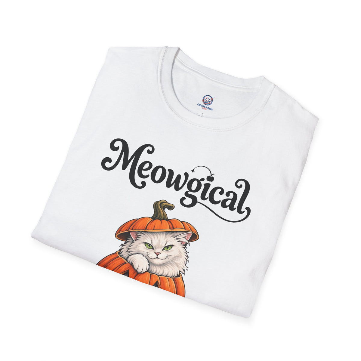 Meowgical Fluffy White Cat - Halloween Jack O'Lantern Pumpkin T-Shirt | White Cat Sitting Inside Pumpkin Halloween Tee | Casual Halloween T Shirt Gift For Her | Shipped UK