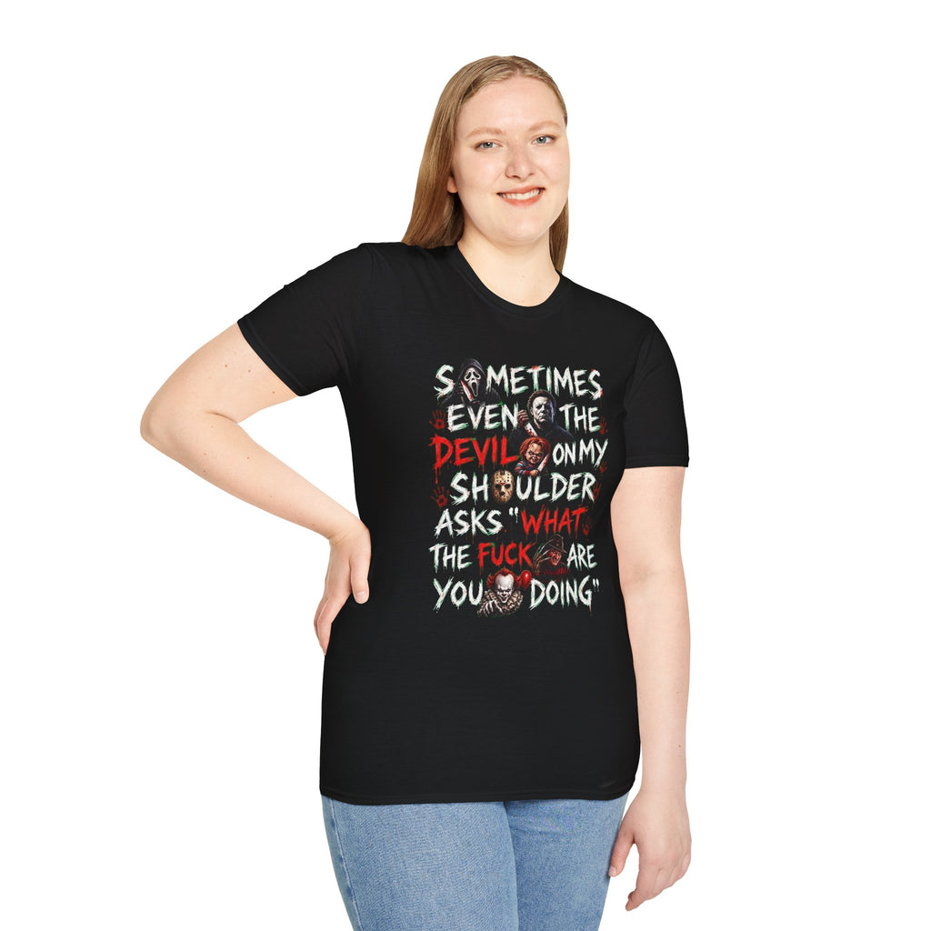 Devil On My Shoulder - Horror Graphic T-Shirt — “Sometimes Even the Devil on My Shoulder Asks ‘What the F**k Are You Doing’” | Rated 18 Years & Over -  Shipped UK