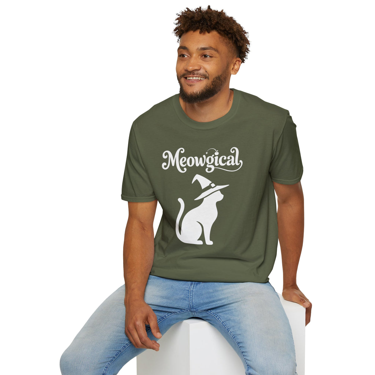 Meowgical Witch Cat T-Shirt | White Cat Silhouette Wearing A Witch's Hat | Ideal For Halloween or Any White Witches Out There Looking To Bring Some Magical Fun To Your Casual Wear | Shipped UK