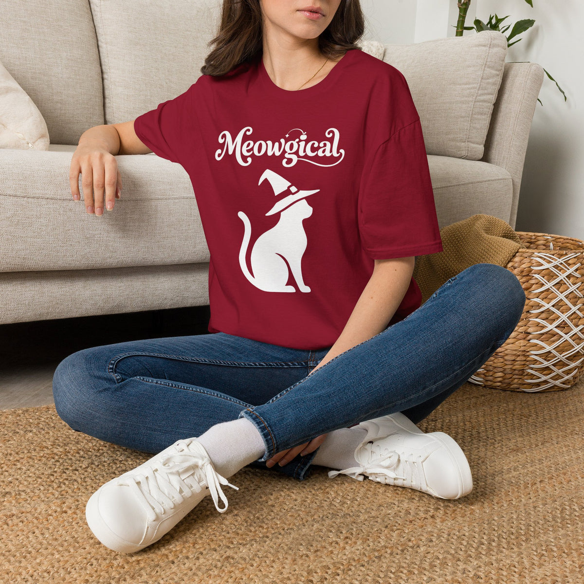 Meowgical Witch Cat T-Shirt | White Cat Silhouette Wearing A Witch's Hat | Ideal For Halloween or Any White Witches Out There Looking To Bring Some Magical Fun To Your Casual Wear | Shipped UK
