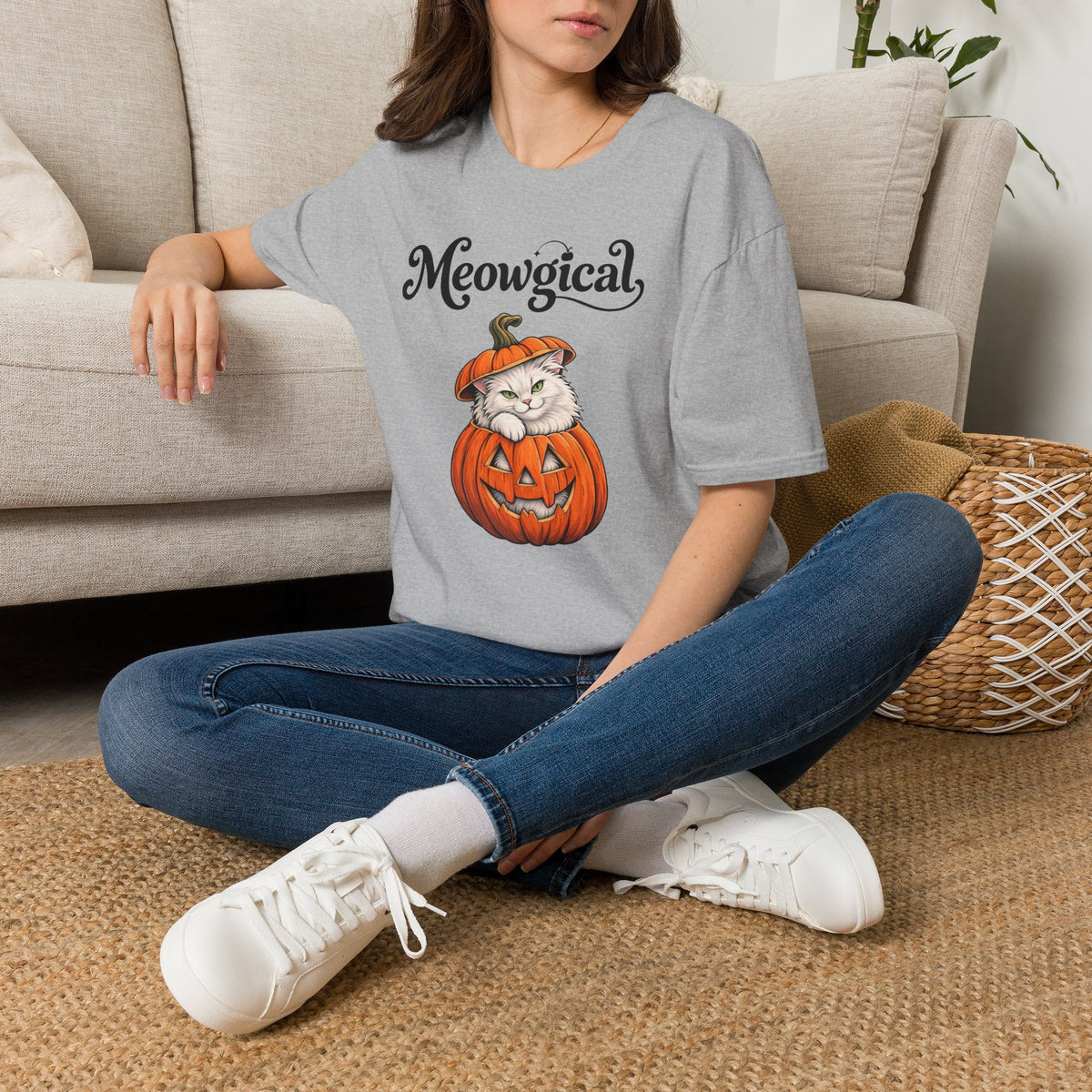Meowgical Fluffy White Cat - Halloween Jack O'Lantern Pumpkin T-Shirt | White Cat Sitting Inside Pumpkin Halloween Tee | Casual Halloween T Shirt Gift For Her | Shipped USA