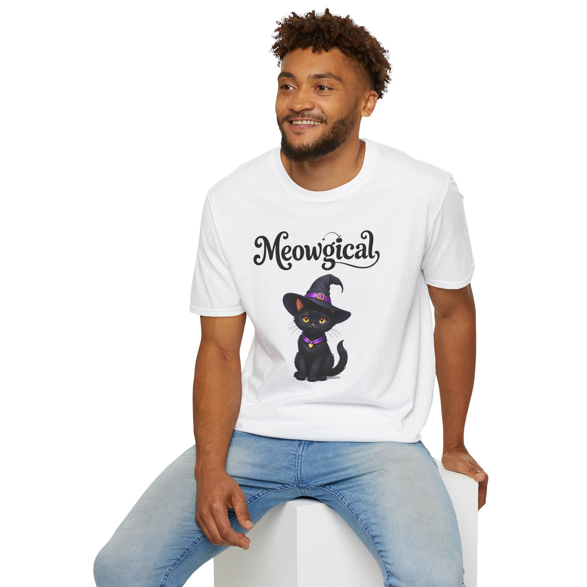 Meowgical Black Cat Wearing A Witch's Hat T-Shirt | Black Cat Portrait Tee | White Witch Cat Magical Cat T Shirt | For Halloween & Everyday Casual Fun | Shipped USA