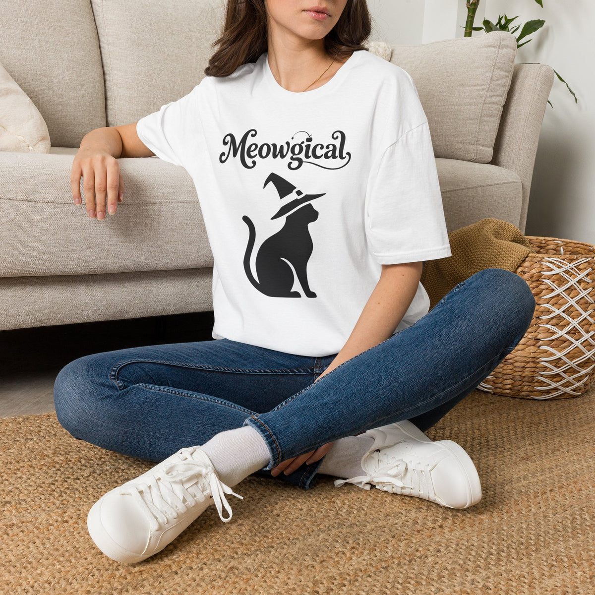 Meowgical Witch Cat T-Shirt | Black Cat Silhouette Wearing A Witch's Hat | Ideal For Halloween or Any White Witches Out There Looking To Bring Some Magical Fun To Your Casual Wear | Shipped UK