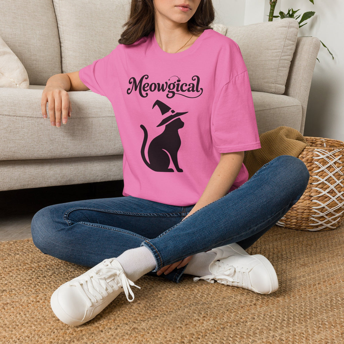 Meowgical Witch Cat T-Shirt | Black Cat Silhouette Wearing A Witch's Hat | Ideal For Halloween or Any White Witches Out There Looking To Bring Some Magical Fun To Your Casual Wear | Shipped UK